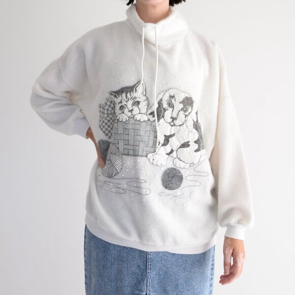Vintage White Grey Dog Cat Christmas Puff Print Pullover Mock Neck Sweater L - Picture 1 of 12